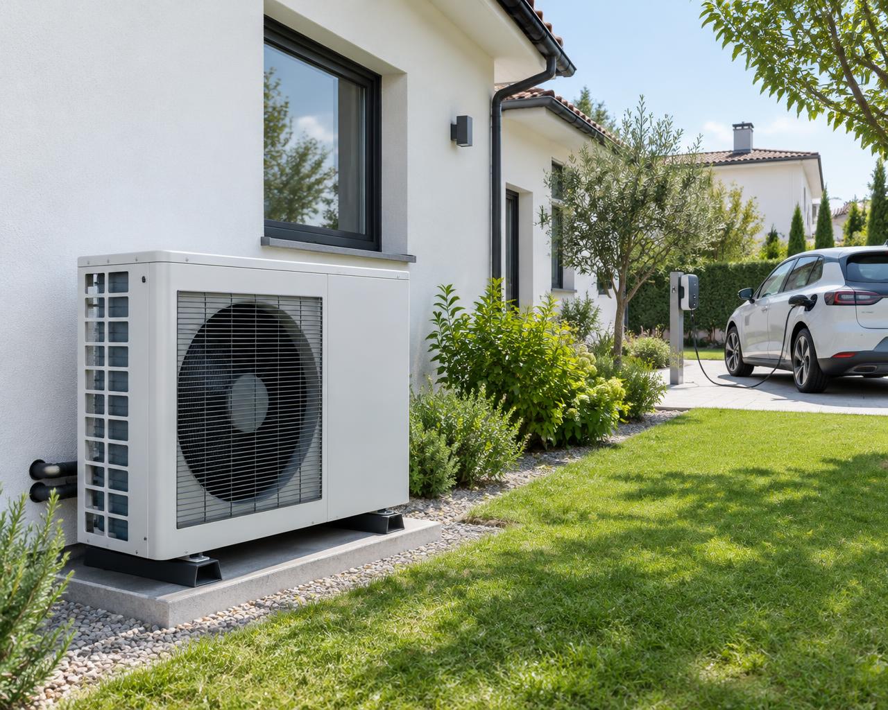 Escena ilustrativa de bomba de calor y coche eléctrico cargando en una vivienda