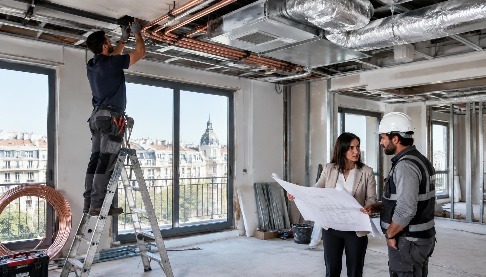 Instalador de climatización trabajando en una reforma junto a arquitecta y jefe de obra